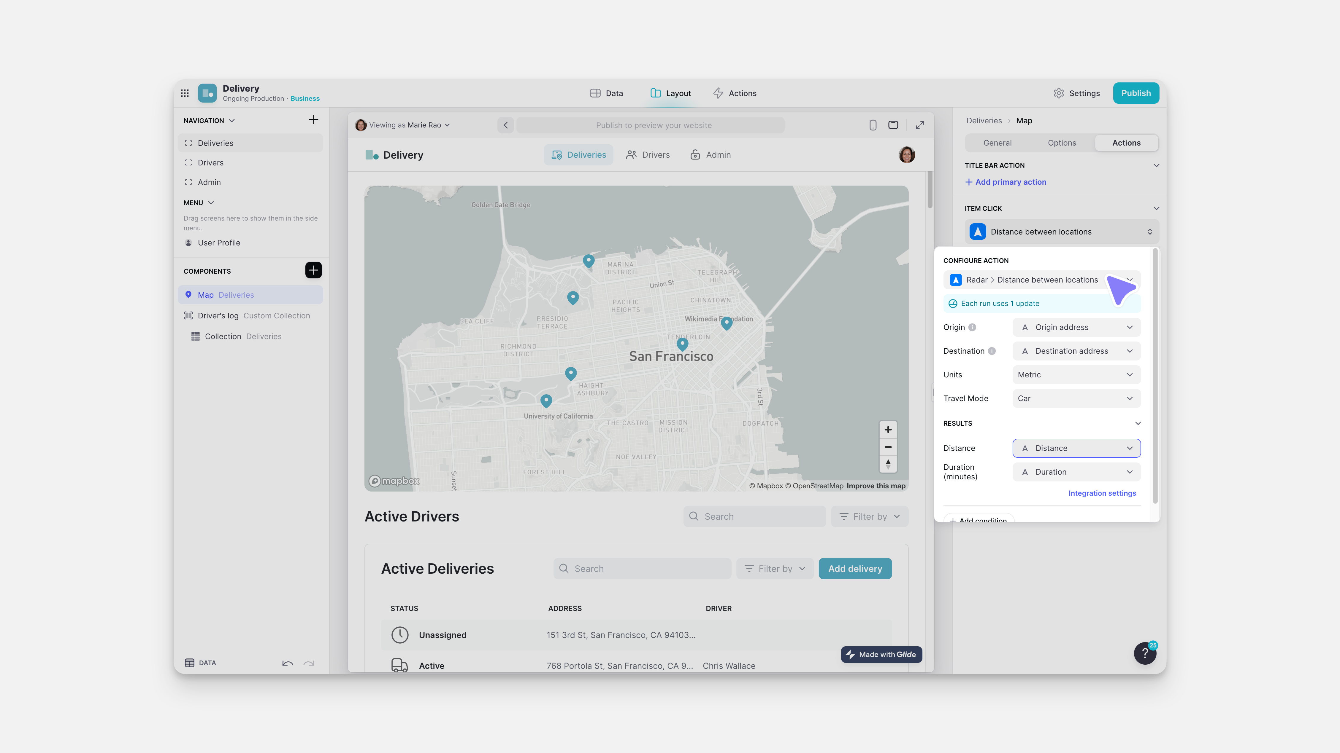 Configuring the Distance between locations Action